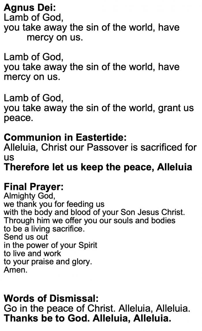 Words for Holy Communion Agnus Dei etc