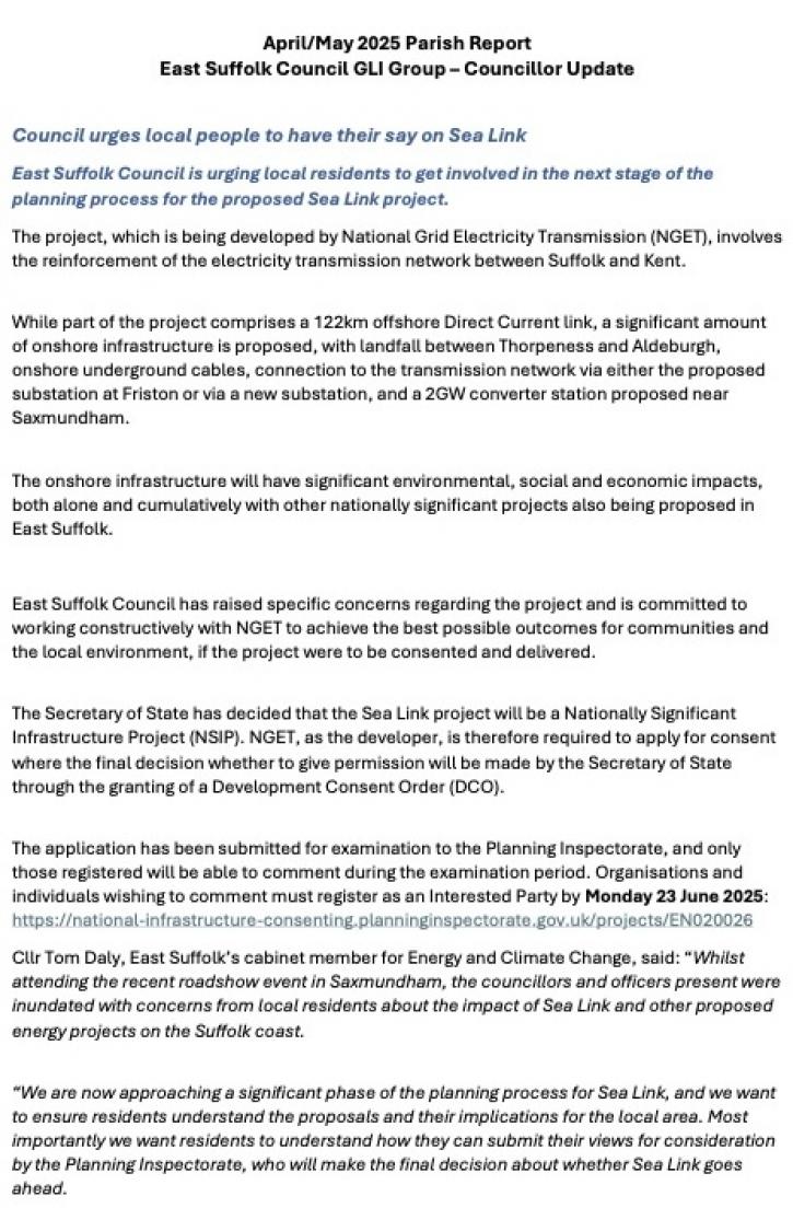 May 2025 Parish Report ESC p1 re Sea Link DCO