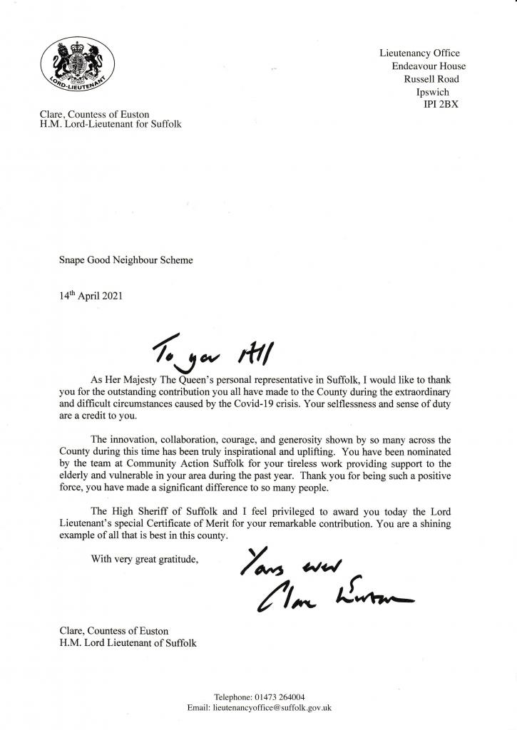 HM Lord Lts special Cert of Merit letter