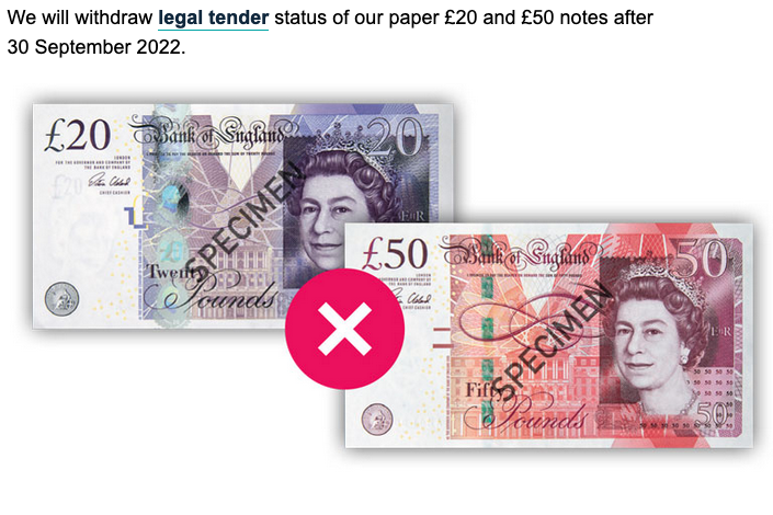 Withdrawal of paper £20 and £50 notes