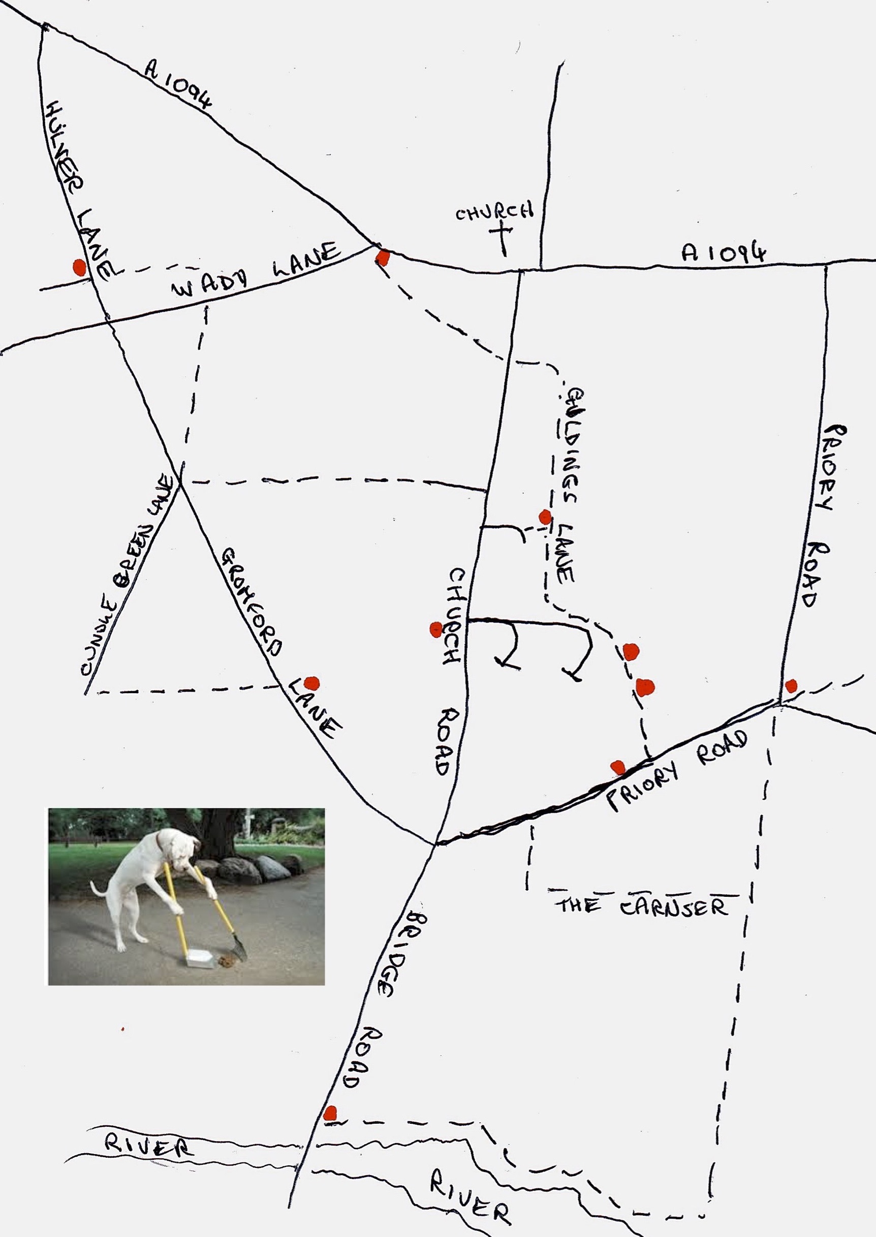 map showing locations of dog-bins around Snape